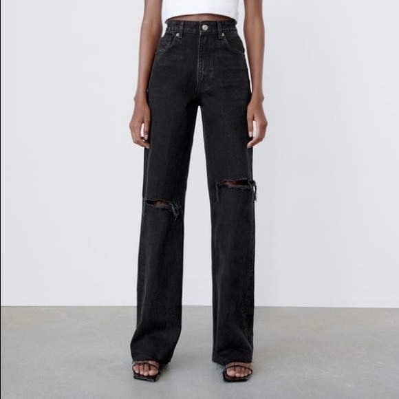 Zara Jeans Zara Wide Leg High Rise Full Length Ripped Black Jeans